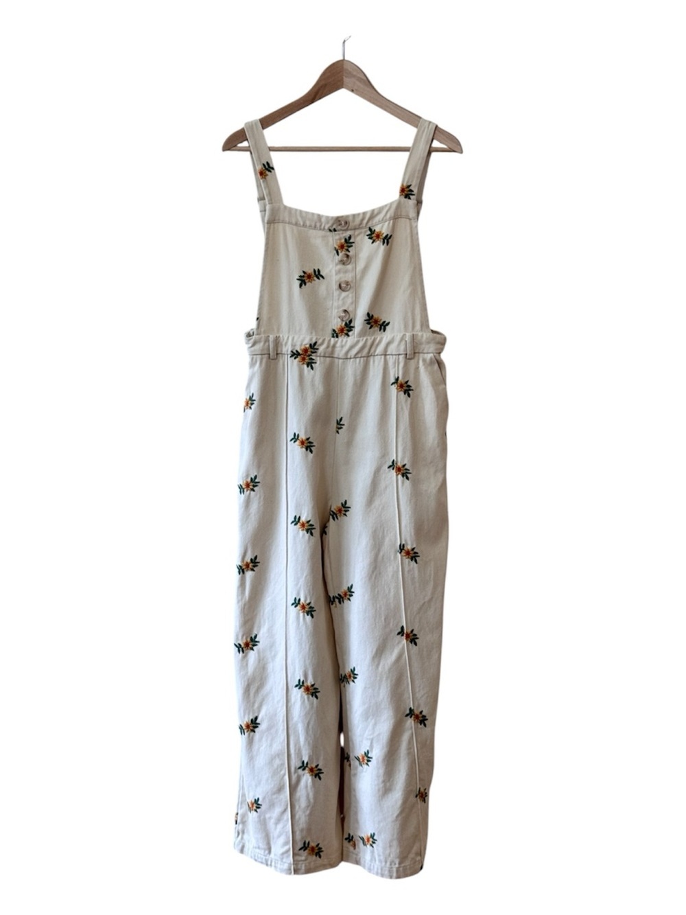 Cider Butter Yellow Floral Embroidered Cotton Overalls Large